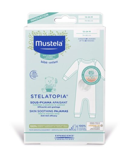 Mustela Stelatopia Pijama cu efect calmant 12-24 luni special concepută pentru bebelușii cu piele cu tendință atopică. Fără parfum, formulă 100% naturală.